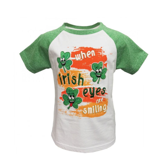 White & Green Grindle Irish Eyes Raglan Kids T-shirt  This white and green grindle kids T-shirt is part of the Traditional Craft Official Collection. This raglan style T-shirt is a relaxed fit and features embroidered shamrocks and wording over print. The classic phrase reads "When Irish eyes are smiling".