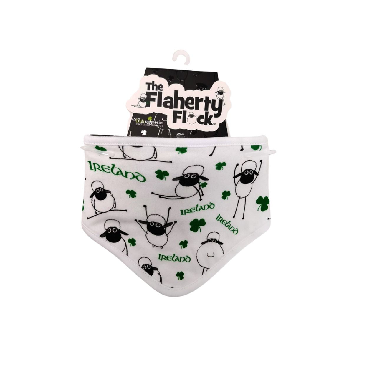 This baby bib is part of the Traditional Craft Official Collection. It is one size and is made form 100% cotton. It is designed with an overall print of sheep and shamrocks from the Flaherty Flock Range and has a press fastener at the back for convenience.
