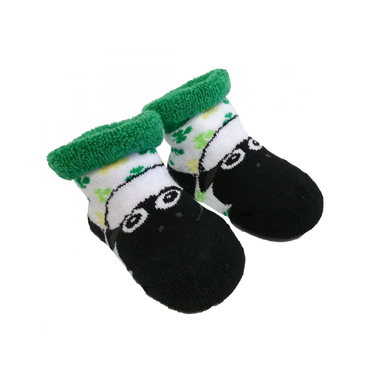 White & Green Shamrock Sheep Baby Socks  These green and white baby socks are part of the Traditional Craft Official Collection. They feature jacquard design shamrocks and sheep.
