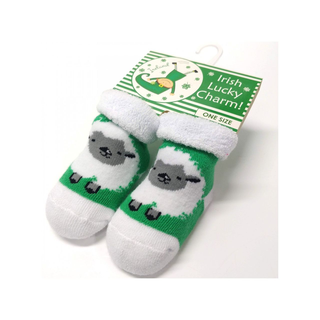 White & Green Woolly Sheep Baby Booties  These white and green baby booties part of the Traditional Craft Official Collection. They feature a jacquard design of woolly sheep.