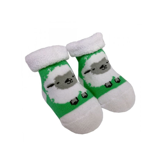 White & Green Woolly Sheep Baby Booties  These white and green baby booties part of the Traditional Craft Official Collection. They feature a jacquard design of woolly sheep.