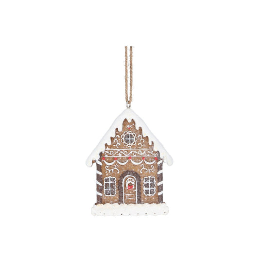 Gisela Graham White Iced Gingerbread House Christmas Hanging Ornament  This festive White Iced Gingerbread House Christmas Hanging Ornament from Gisela Graham is the perfect addition to any holiday decor. Made from durable polyresin, the intricate details and intricate icing make it a timeless piece that will stand the test of time. Hang this ornament and bring joy to your home this holiday season.
