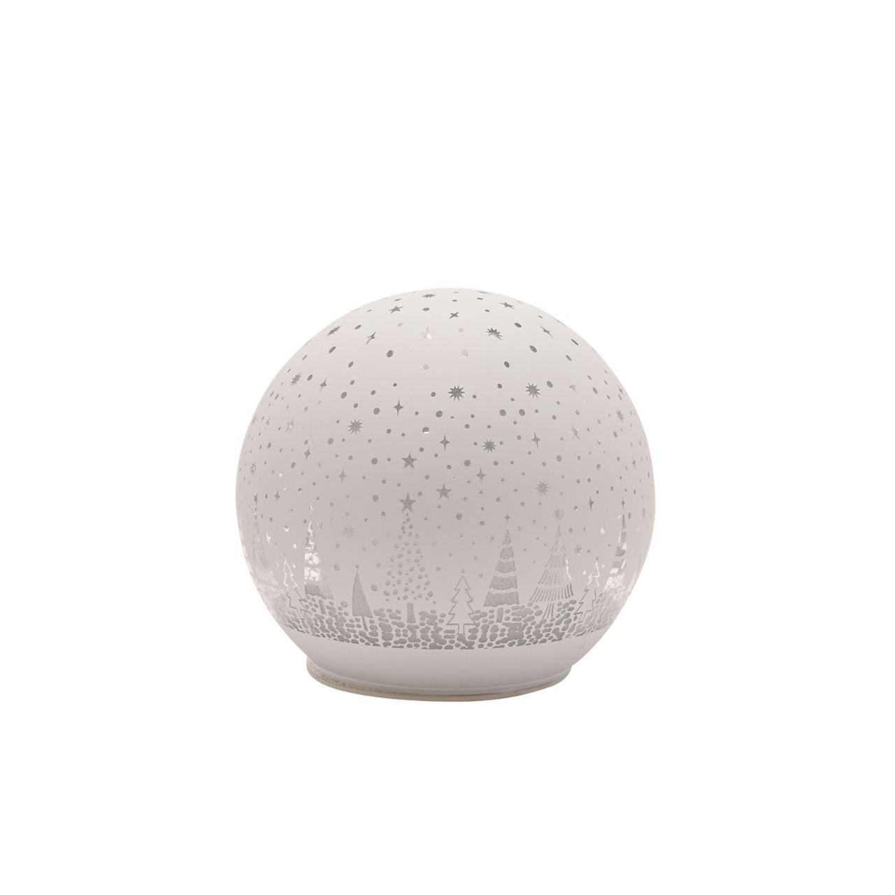 Illuminate your festive season with our 10cm White LED Glass Ball, adorned with a pattern of Christmas trees.