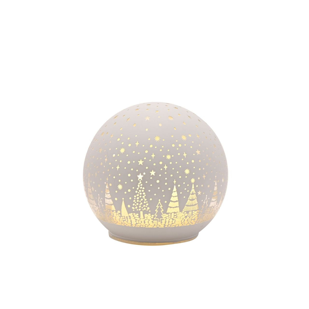 Illuminate your festive season with our 10cm White LED Glass Ball, adorned with a pattern of Christmas trees.