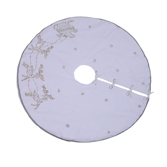 Christmas Tree Skirt White Reindeer Hand Embellished  A white reindeer hand embellished Christmas tree skirt from THE SEASONAL GIFT CO.  This standout accessory wraps itself around Christmas trees to accentuate its decoration.