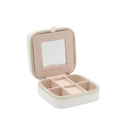 This attractive jewellery box opens to reveal a mirrored lid and nine compartments which includes a ring roll. All compartments have a luxurious cream fabric.