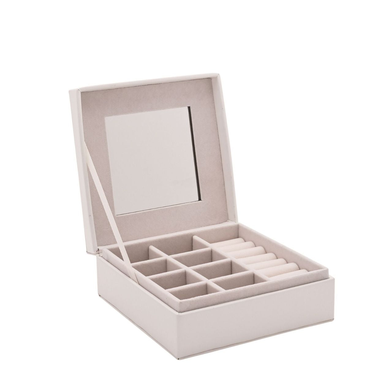 This attractive jewellery box opens to reveal a mirrored lid and nine compartments which includes a ring roll. All compartments have a luxurious cream fabric lining.