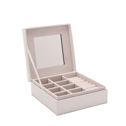This attractive jewellery box opens to reveal a mirrored lid and nine compartments which includes a ring roll. All compartments have a luxurious cream fabric lining.