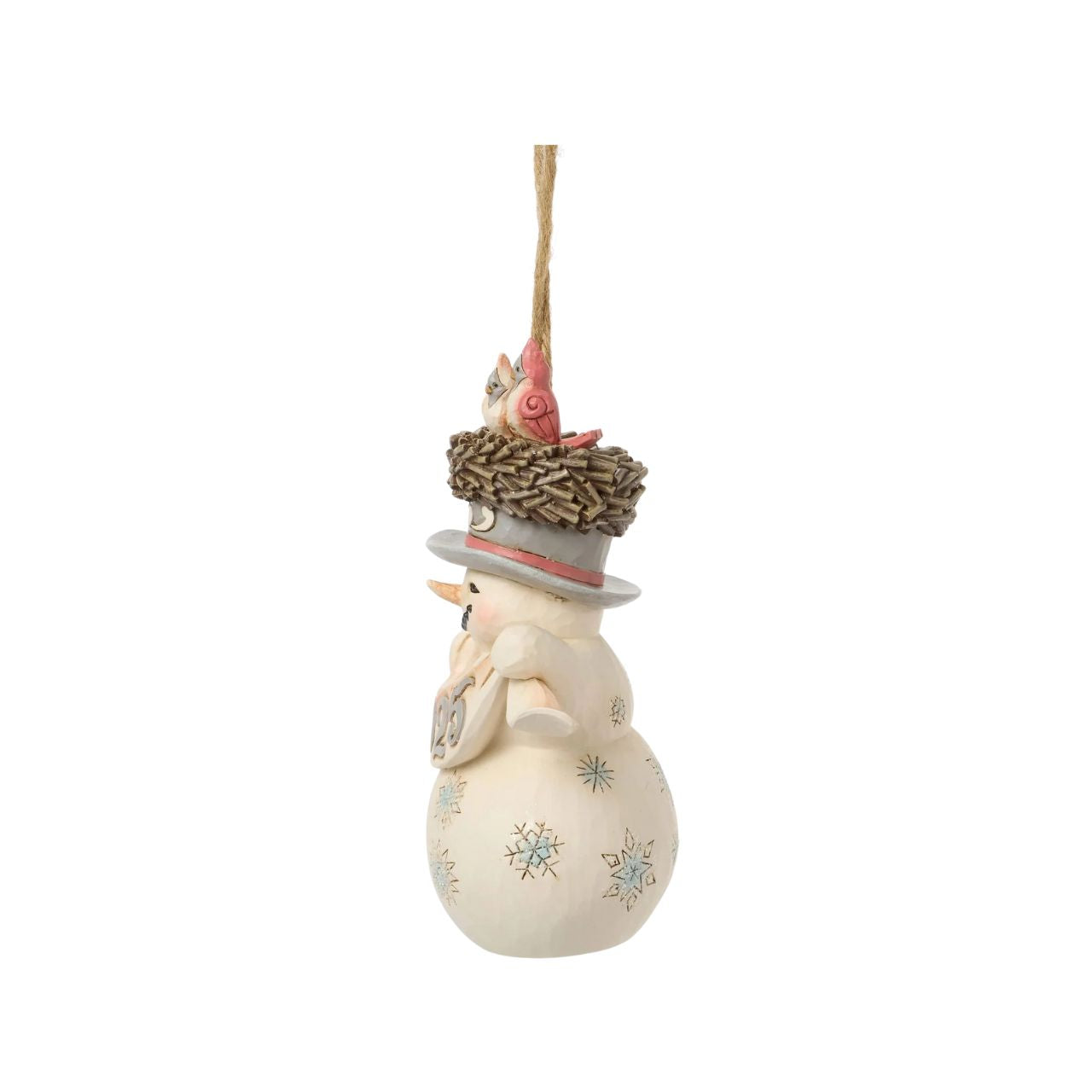 This endearing Jim Shore ornament features a snowman adorned with snowflakes, wearing a bird's nest as a hat with two cardinals. Holding a festive banner that reads "2025," this piece drives home the promise of new beginnings for the year ahead.