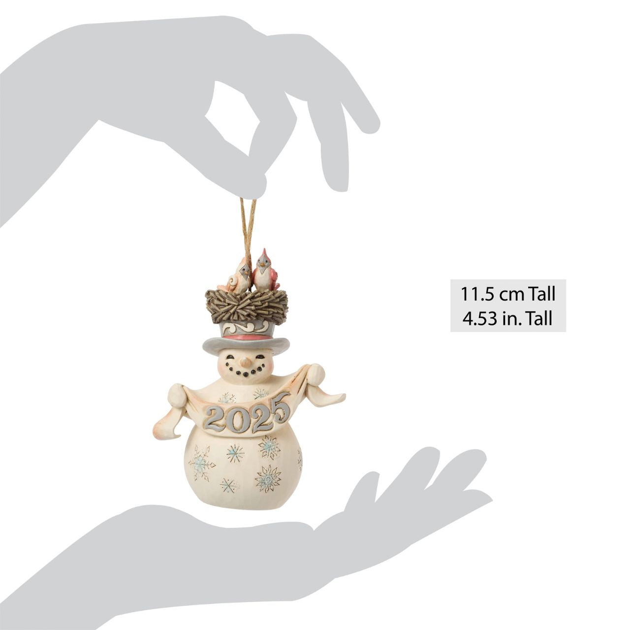 This endearing Jim Shore ornament features a snowman adorned with snowflakes, wearing a bird's nest as a hat with two cardinals. Holding a festive banner that reads "2025," this piece drives home the promise of new beginnings for the year ahead.