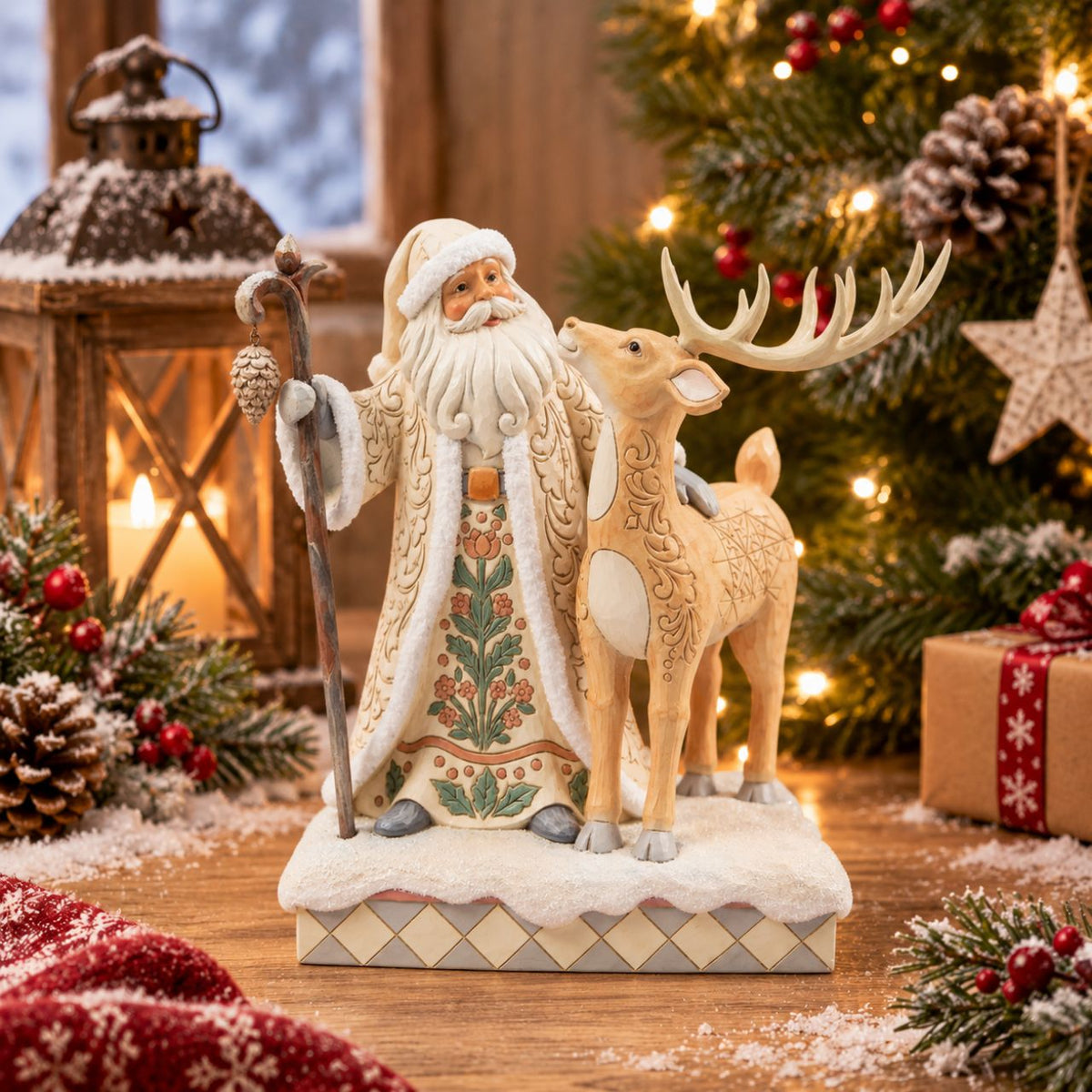 Heartwood Creek White Woodland Santa with a Buck Figurine
