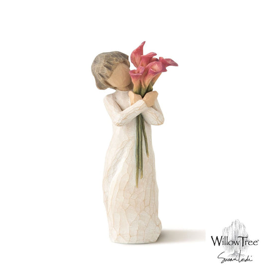 Willow Tree Bloom - Like our friendship... vibrant and ever-constant  Willow Tree is an intimate line of figurative sculptures representing sentiments of love, closeness, healing, courage, hope...all the emotions we encounter in life. "Calla lilies are a fresh surprise - uplifting in shape; invigorating in colour. I wanted to express their vibrancy with a gradation of colour that builds, starting as limey green, morphing to beautiful coral, tinged with wine
