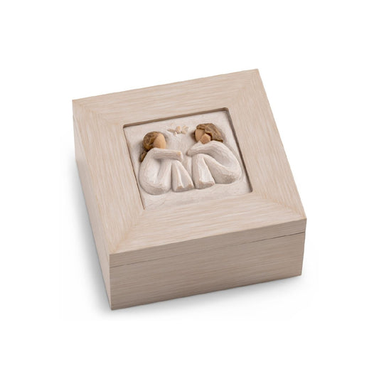 Friendship Music Box by Willow Tree  Keepsake boxes are small, sweet places to keep treasures. Give this to a friend to show your everlasting friendship with the magical touch of this also being a music box. With three different compartments this is a great gift to keep their special jewels safe.