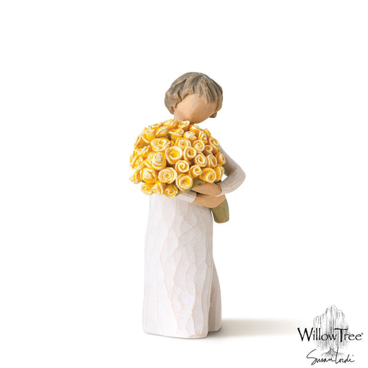 Good Cheer - Wishing you sunny days of happiness by Willow Tree  We often offer wishes for much happiness to those we care for and about; friendly intentions given with joy and hopefulness. Good Cheer reflects a sentiment of positive enthusiasm with its big bouquet of sunny yellow roses—symbolizing friendship, optimism and well-being.
