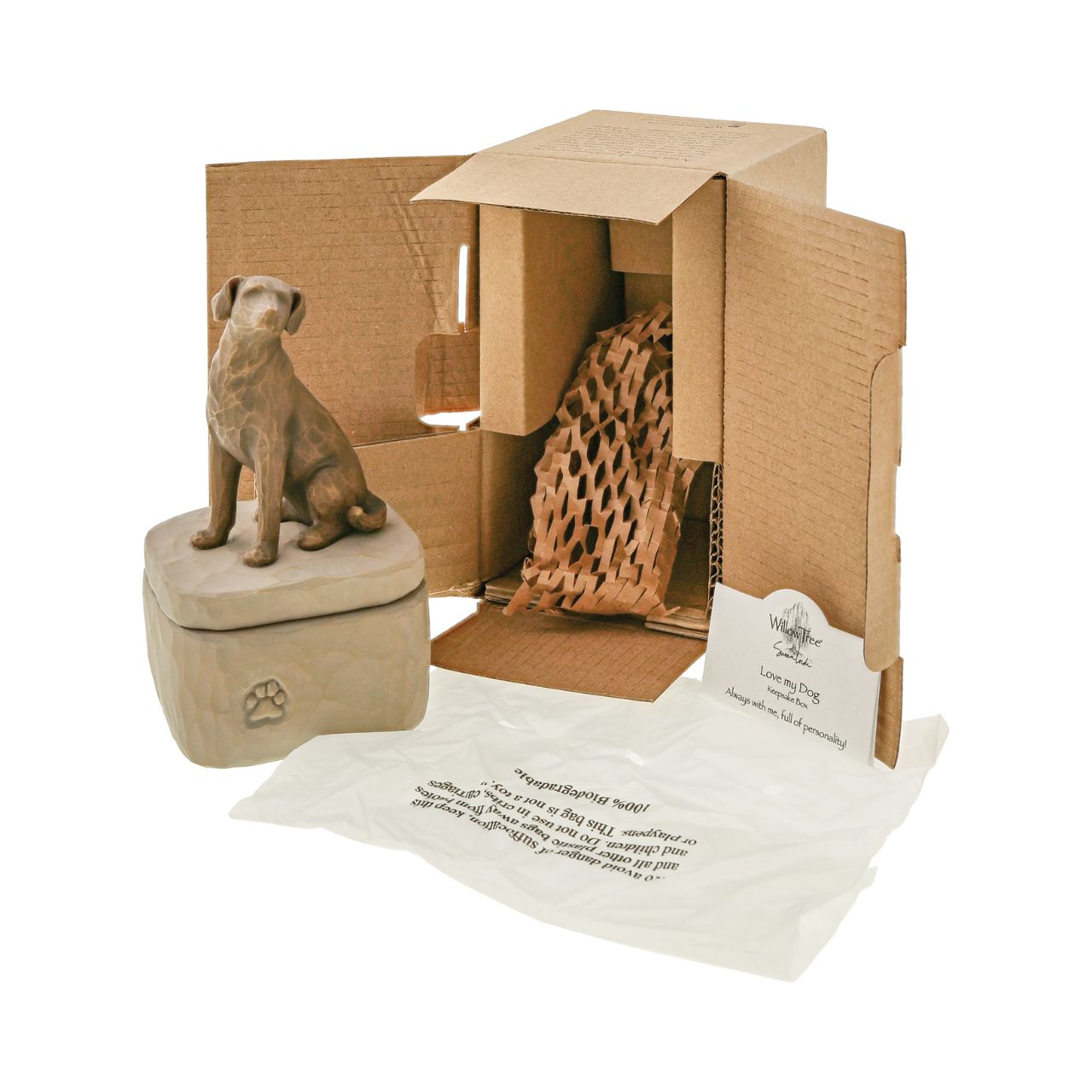 Love my Dog (Dark) Box by Willow Tree  A gift for those who love dogs and treasure their companionship. Keepsake Boxes are small, sweet places to keep jewellery, accessories, notes. Inside, the bottom of this box reveals the sentiment, "Always with me, full of personality|" Also available with golden-coloured dog.