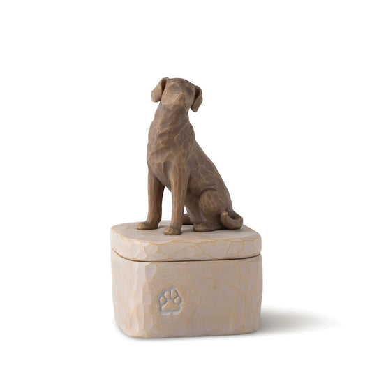 Love my Dog (Dark) Box by Willow Tree  A gift for those who love dogs and treasure their companionship. Keepsake Boxes are small, sweet places to keep jewellery, accessories, notes. Inside, the bottom of this box reveals the sentiment, "Always with me, full of personality|" Also available with golden-coloured dog.