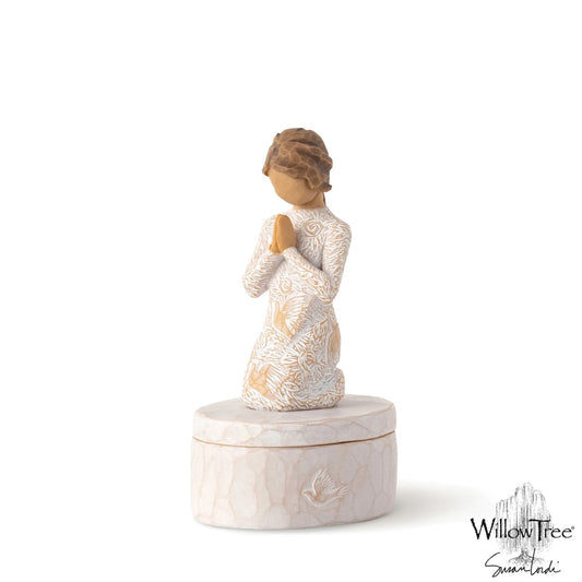 Prayer of Peace Keepsake Box by Willow Tree  ''I wanted this figure to be a humble piece, but very centering, calming, peaceful .. with a universal gesture of meditative thought. The surface of her dress is carved with texture and patterns of living natural forms. Even though this is a quiet piece, I wanted the imagery to be very alive with movement - to have an inner energy of life.'' - Susan Lordi.