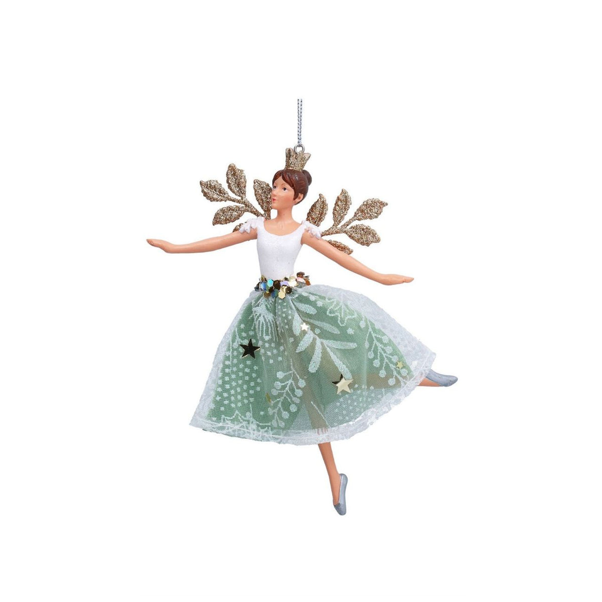 Bring enchantment to your tree with this charming Gisela Graham Winter Palace fairy hanging ornament. Dressed in white and green, this delicate seasonal decoration captures the magic of a winter palace fantasy.