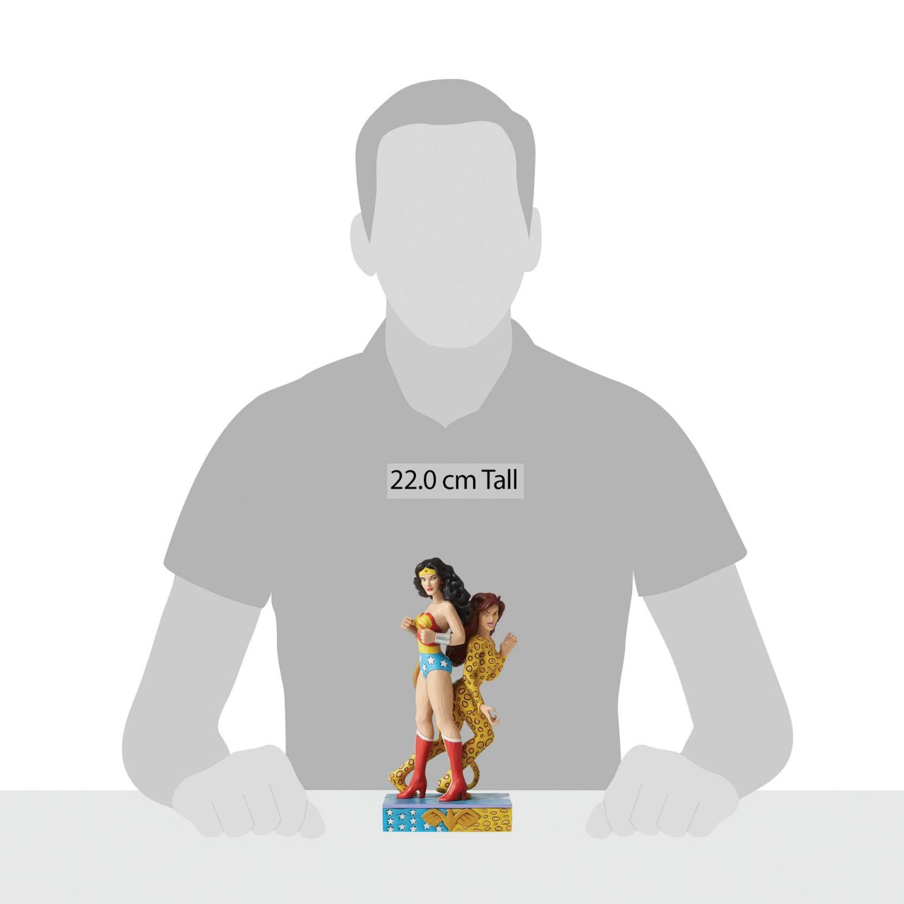 Jim Shore Wonder Woman and Cheetah Figurine  Jim Shore celebrates Wonder Woman and Cheetah back to back in his signature wood carved look and folk art styling. Sure to be a treasured gift across the generations. Unique variations should be expected as this product is hand painted.