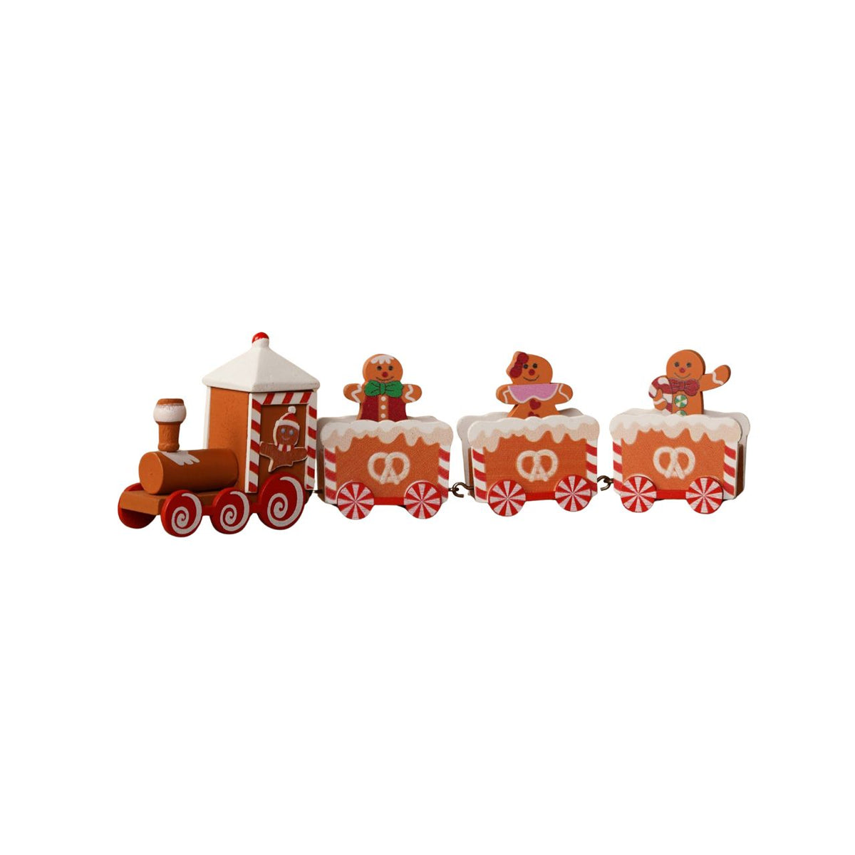 A wooden train made of gingerbread-style cookies - each piece features charming icing-look details and candy-cane accents, evoking home-made treats.