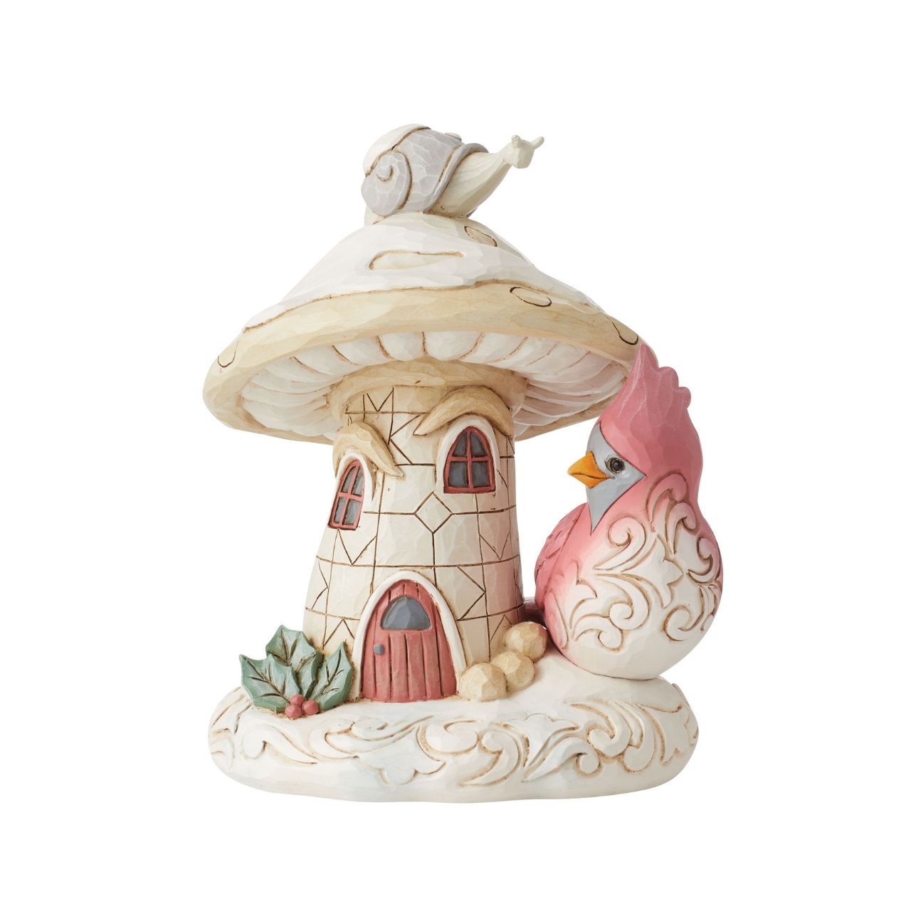 Woodland Mushroom House with Cardinal Figurine by Jim Shore  "Home For the Holidays" Designed in the iconic style of Jim Shore. This mushroom house is inhabited by woodland creatures ready to settle down in comfort for the festive season. Hand painted in high quality cast stone. 
