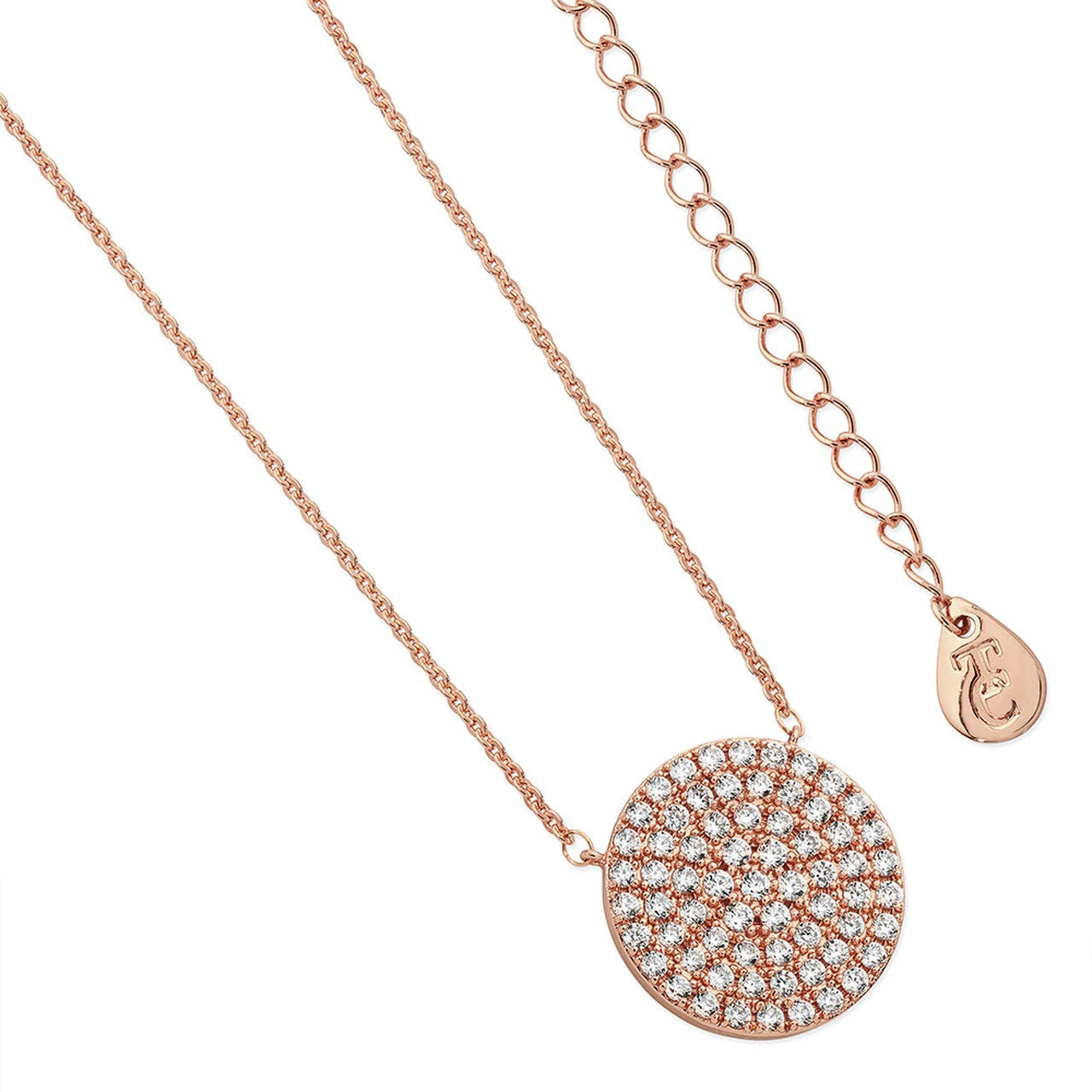 Tipperary Crystal Pave Full Moon Pendant Rose Gold  This elegant pavé pendant is a stylish look in warm rose gold. The full circle design is completely ﬁlled with shimmering clear crystals and polished to a bright shine. The pendant suspends centred along a rose gold cable chain, securing with a lobster claw clasp, a 2” extension chain and a TC branded fob.