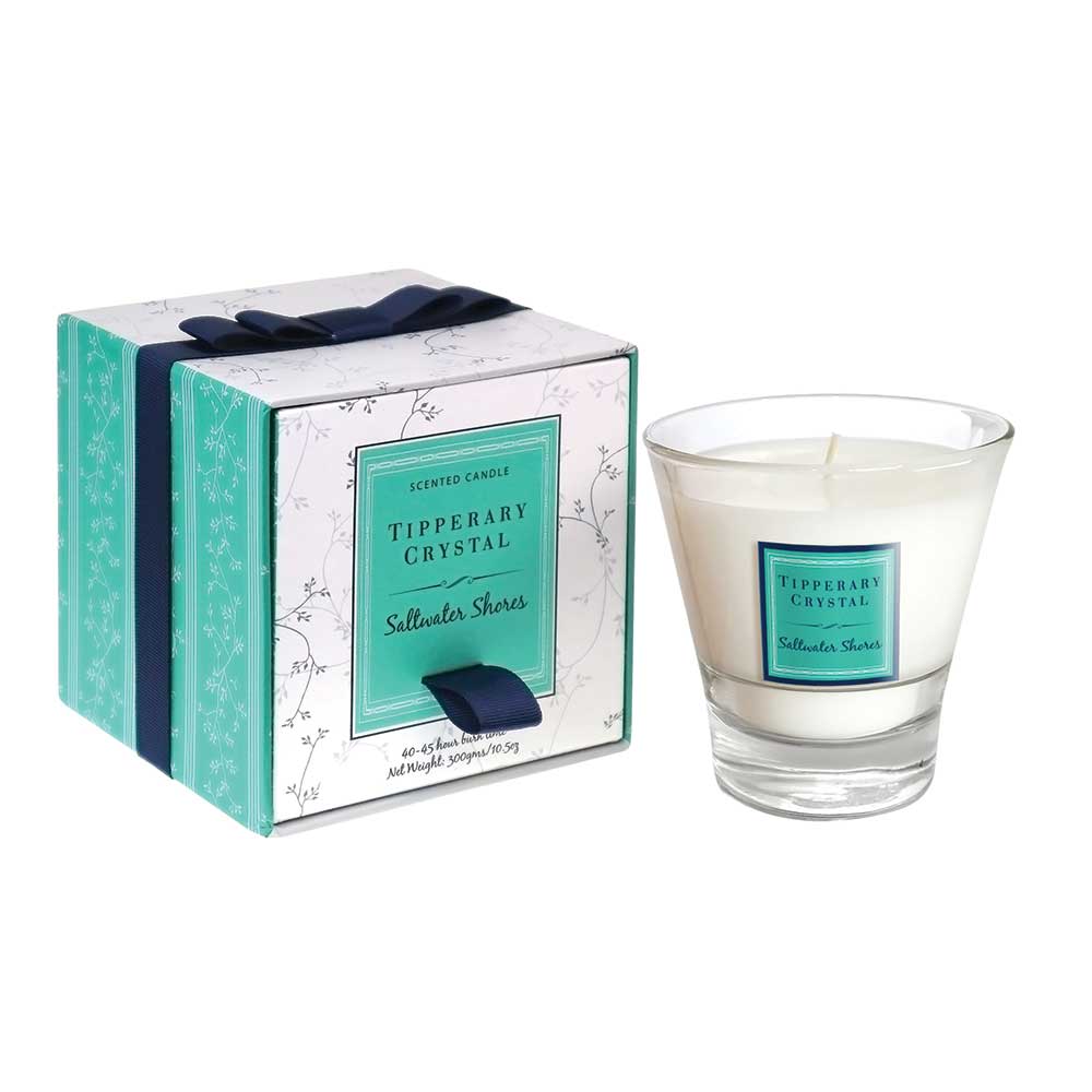 Tipperary Crystal Saltwater Shores Filled Tumbler Glass  This refreshing scent is one of summer, inspired by the natural aromas of the sea. Blended with the complex aroma of musk, this primarily masculine aroma takes on sensual, warm, spicy and woodsy animalistic notes.