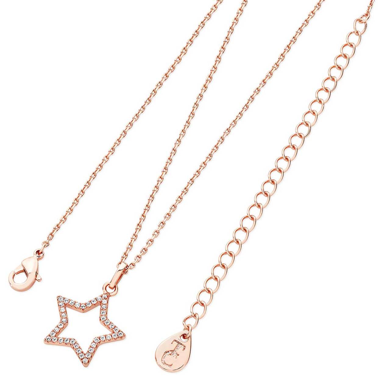 Tipperary Crystal Star Pendant Open Rose Gold  Fashioned in rose gold this elegant open star pendant captivates with one row of scintillating clear crystals cut to enhance their brilliance and shine. Simple yet sophisticated, this pendant is buffed to a brilliant lustre and is suspended centred from a cable chain which secures safely with a lobster claw clasp.