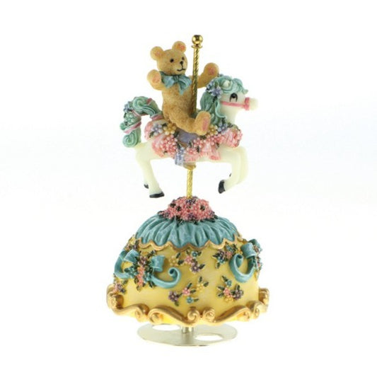 Teddy Bear on Carousel Horse Blue by Music Box World