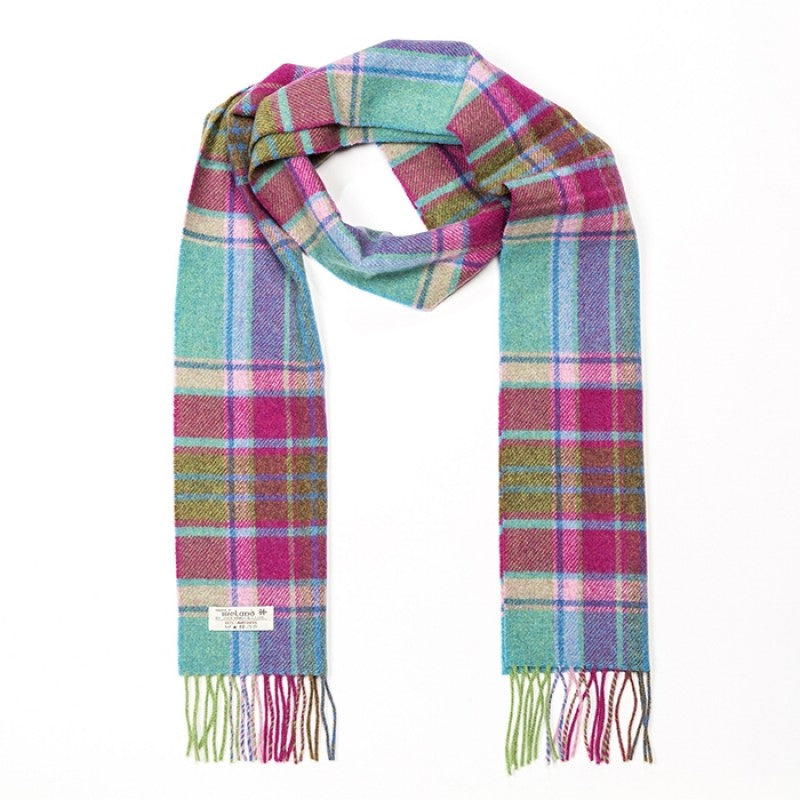 Irish Wool Scarf Long Teal, Pink and Lime Green Check Mix