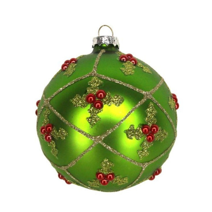 Gisela Graham Matt Green Ball w Holly Trellis  This beautifully festive bauble from Gisela Graham is the perfect way to add a touch of glitter to your tree this Christmas