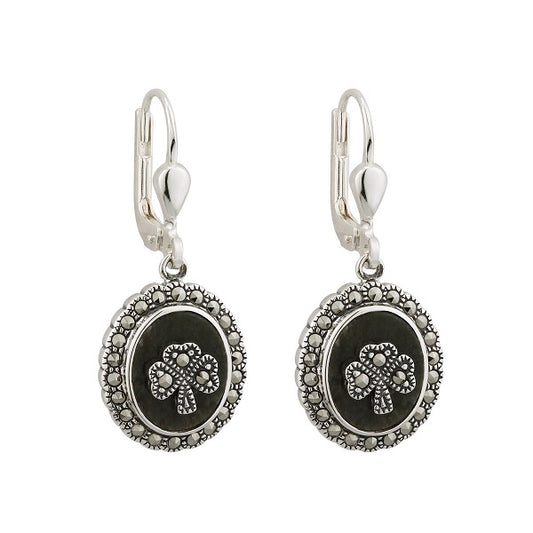 Marcasite Shamrock Connemara Marble Earrings