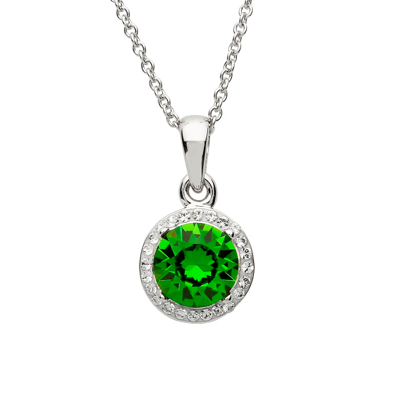Silver Round Halo Pendant Encrusted With Emerald And White Swarovski Crystals