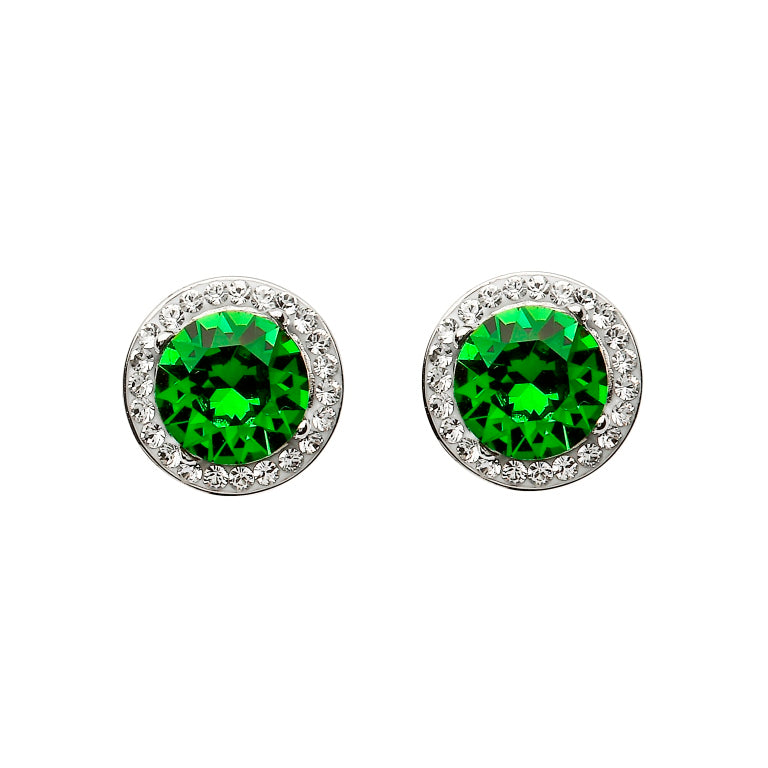Silver Round Halo Stud Earrings Encrusted - Emerald