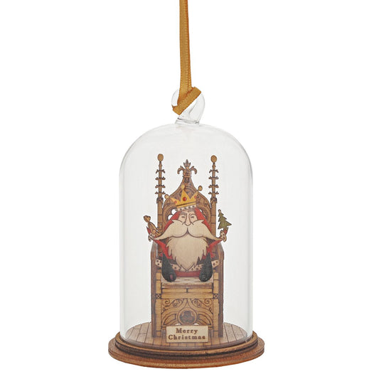 A King is Born Hanging Ornament  The Spirit of Christmas. A collection of delightful wooden decorations that capture the essence of that special time of year. This glass dome, Christmas decoration encases a festive Santa, adorned with royal throne and ribbon to help hang off your Christmas tree.