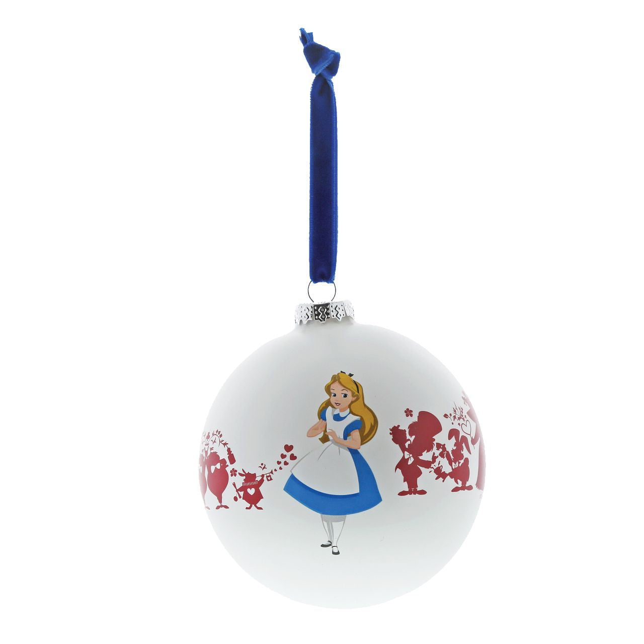Disney Christmas Bauble Alice in Wonderland We're All Mad Here  Enchanting Disney Collection  A beautiful glass Alice Bauble that makes for a treasured keepsake all year round. This bauble features the popular characters from the curious Disney film Alice in Wonderland.