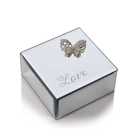 Always & Forever Glass 3D Butterfly Trinket Box "Love"  This mirrored trinket box features a unique 3D Butterfly embellishment, alongside the word 'love' in beautiful and delicate lettering. This trinket box will glitter and sparkle under any light, so would make a worthy place for storing your jewellery.