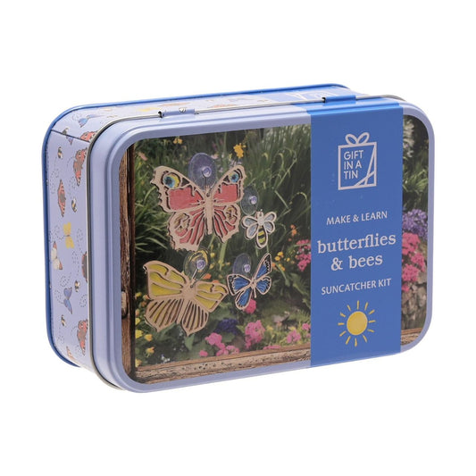 Apples To Pears Gift In A Tin Butterflies & Bees Suncatcher Kit  A Butterflies & Bees suncatcher kit from Gift in a Tin by APPLES TO PEARS®.  This colourful kit creates a series of creative suncatchers which will enhance any window or conservatory in the summertime.