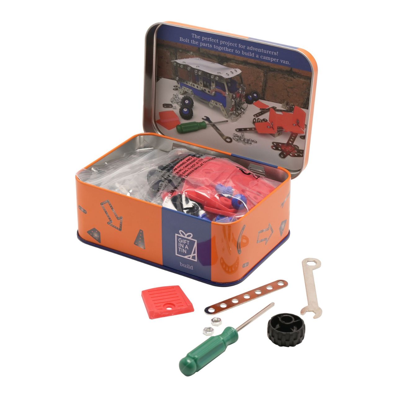 Camper Van Construction Kit - Apples To Pears Gift In A Tin  A camper van construction kit from Gift in a Tin by APPLES TO PEARS®.  This mind-enhancing set is perfect for any aspiring young engineer who wants to get to grips with constructing moving vehicles.