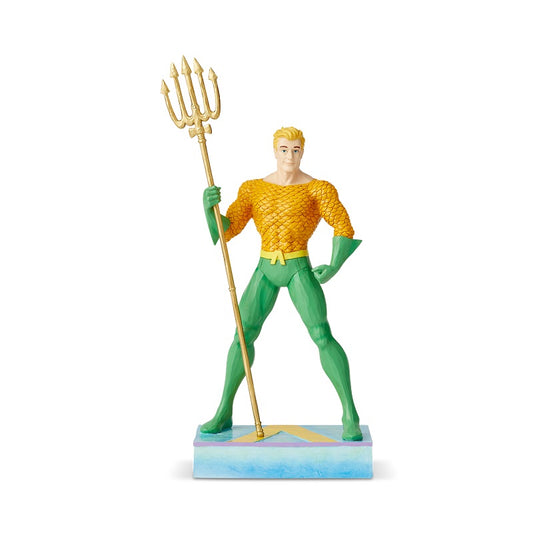 Jim Shore King of the Seven Seas - Aquaman Silver Age Figurine  DC Comics Justice League is a comprised of the worlds most iconic superheroes. Jim Shore celebrates Aquaman in an iconic pose in his signature wood carved look and folk art styling.