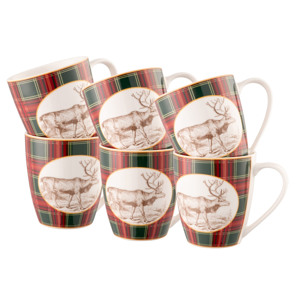 Christmas Tartan Reindeer Set of 6 Mugs  Stunning green and red tartans bring to mind traditional Christmas memories and nostalgia. Festive tartan combined with charming illustrations of a friendly Christmas reindeer make for a cosy holiday tableware perfect for entertaining over the festive season.