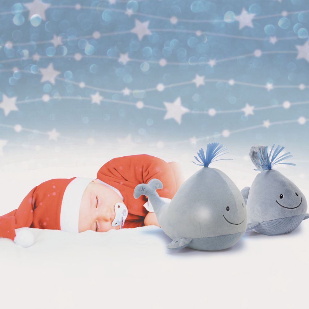 GUND Baby Sleepy Seas Light & Sound Whale  This musical plush toy will help your babies drift off to sleep. The whale is presented in an oh-so-soft light blue fabric, with blue ribbons for its hair, and dark embroidery creating a smiling face. Press the left fin and the animated whale splashes into life. Press the musical note on its right fin and the plush starts to play one of five different noises: Ocean Magic, Soothing Ocean Whale Sounds, Brahms' Lullaby, Bubbles or Ocean White Noise.