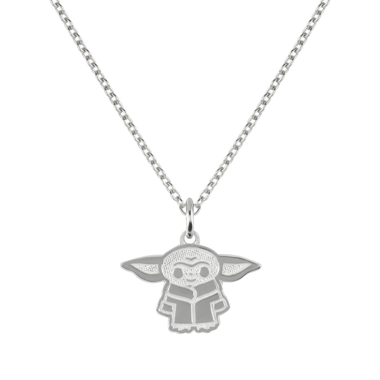 Disney Baby Yoda Sterling Silver Necklace  These exquisitely designed Baby Yoda Sterling Silver necklace, form a silhouette of Yoda's famous pose adding a touch of class and fun jewellery.  Trendy and fashionable design, the Disney Baby Yoda necklace adds a chic, fun touch to any outfit.