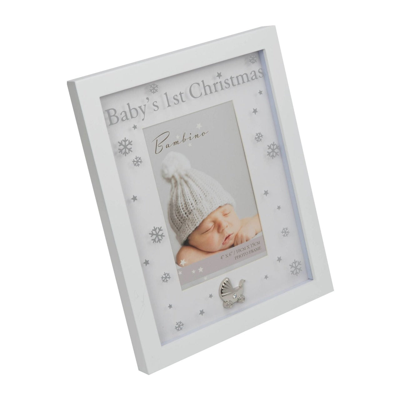 Bambino Baby’s 1st Christmas Photo  Frame 4" x 6"  A Baby’s 1st Christmas photo frame from BAMBINO BY JULIANA®.  This gorgeous festive frame will melt hearts as quickly as the snowflakes upon it.