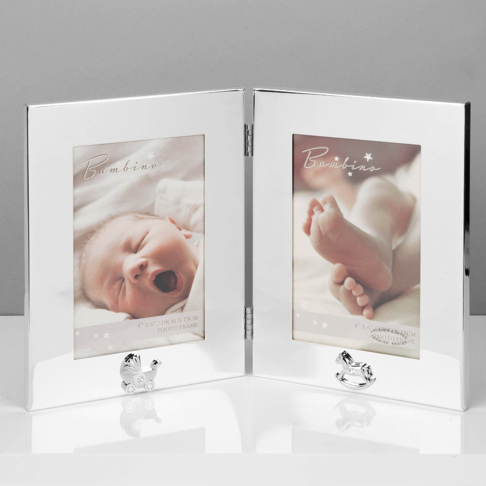 Bambino Keepsake Double Photo Frame 4" x 6"  A double folding 4" x 6" (10x15cm) silver plated photo frame from BAMBINO BY JULIANA®. Complete with crystal set pram and rocking horse icons and luxury gift box. A wonderful engravable new baby or Christening gift.