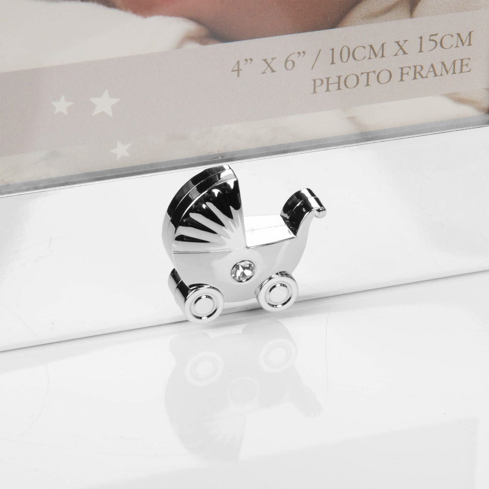 Bambino Keepsake Double Photo Frame 4" x 6"  A double folding 4" x 6" (10x15cm) silver plated photo frame from BAMBINO BY JULIANA®. Complete with crystal set pram and rocking horse icons and luxury gift box. A wonderful engravable new baby or Christening gift.