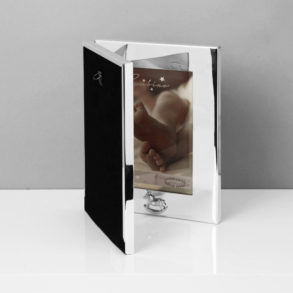 Bambino Keepsake Double Photo Frame 4" x 6"  A double folding 4" x 6" (10x15cm) silver plated photo frame from BAMBINO BY JULIANA®. Complete with crystal set pram and rocking horse icons and luxury gift box. A wonderful engravable new baby or Christening gift.