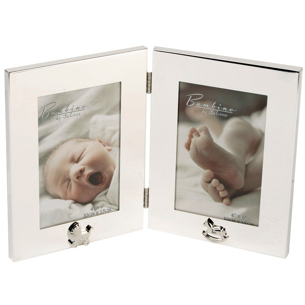 Bambino Keepsake Double Photo Frame 4" x 6"  A double folding 4" x 6" (10x15cm) silver plated photo frame from BAMBINO BY JULIANA®. Complete with crystal set pram and rocking horse icons and luxury gift box. A wonderful engravable new baby or Christening gift.