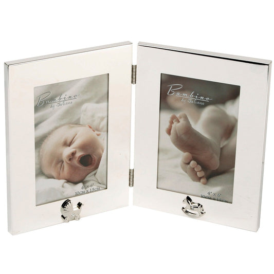 Bambino Keepsake Double Photo Frame 4" x 6"  A double folding 4" x 6" (10x15cm) silver plated photo frame from BAMBINO BY JULIANA®. Complete with crystal set pram and rocking horse icons and luxury gift box. A wonderful engravable new baby or Christening gift.