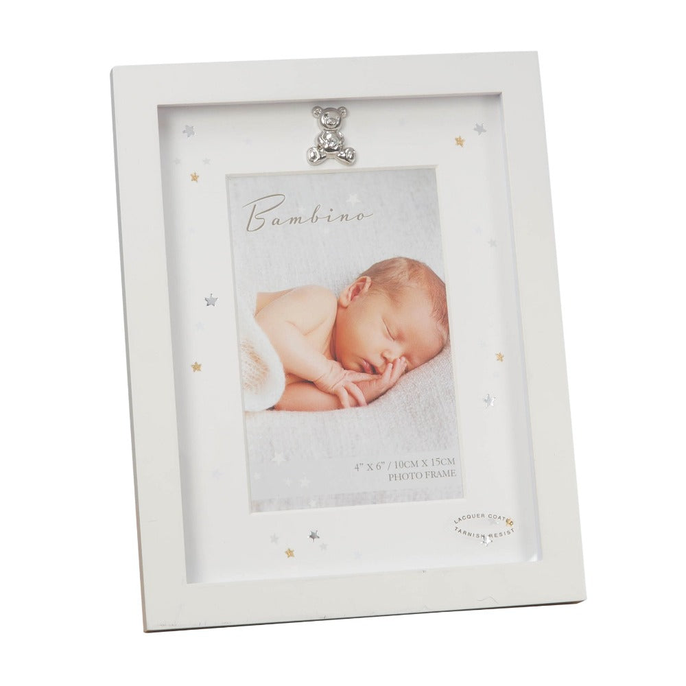 Bambino Photo Frame with Ivory Mount 4" x 6"  A gorgeous photo frame with ivory mount from BAMBINO BY JULIANA®. The frame is embellished with gold and silver foiled stars and a silver plated crystal teddy bear icon.